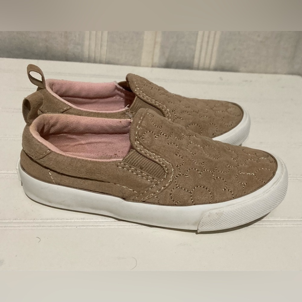 GAP Girls Shoes Size 7 Tan White Canvas Flower Flats Slip Ons‎ Closed Toe Beige